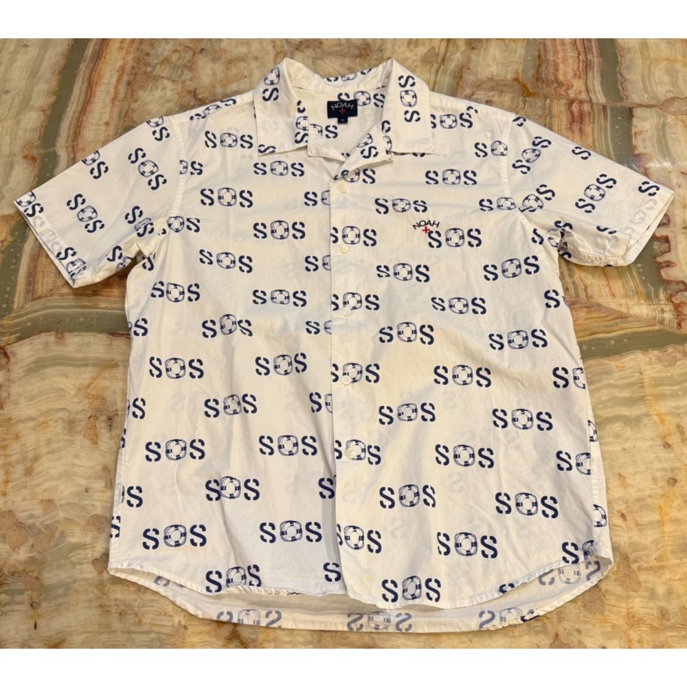 Noah Mens Summer Shirt‎ White SOS Graphic Print Short Sleeve Camp Collar M
